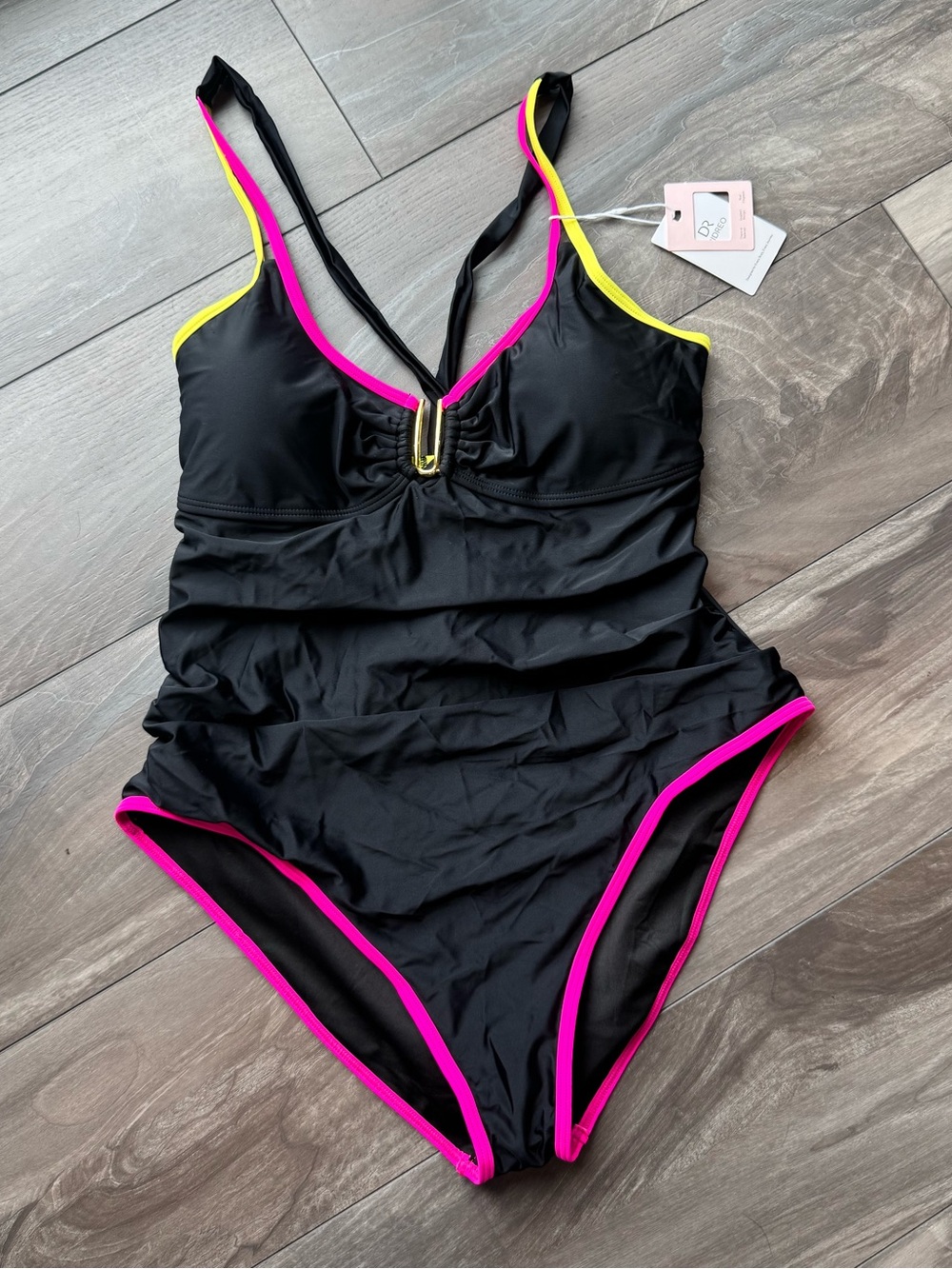 Black One-Piece Swimsuit with Pink & Yellow Trim -XL